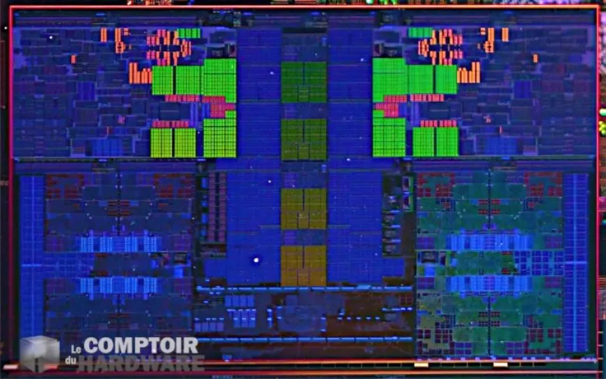 Die shot of an early Intel 14th Gen Meteor Lake processor sample featuring Redwood Cove and Crestmont cores.
