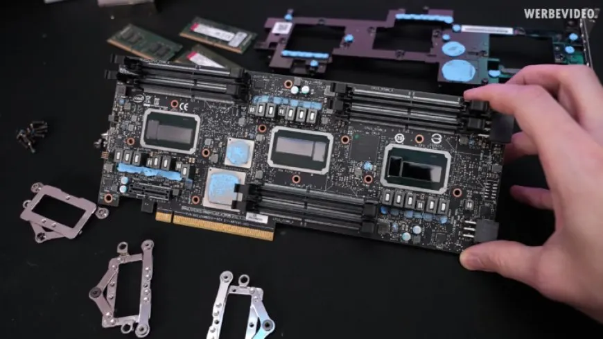 Close-up of the Intel Visual Compute Accelerator 2 hardware board revealing the three Xeon CPU modules and cooling system.