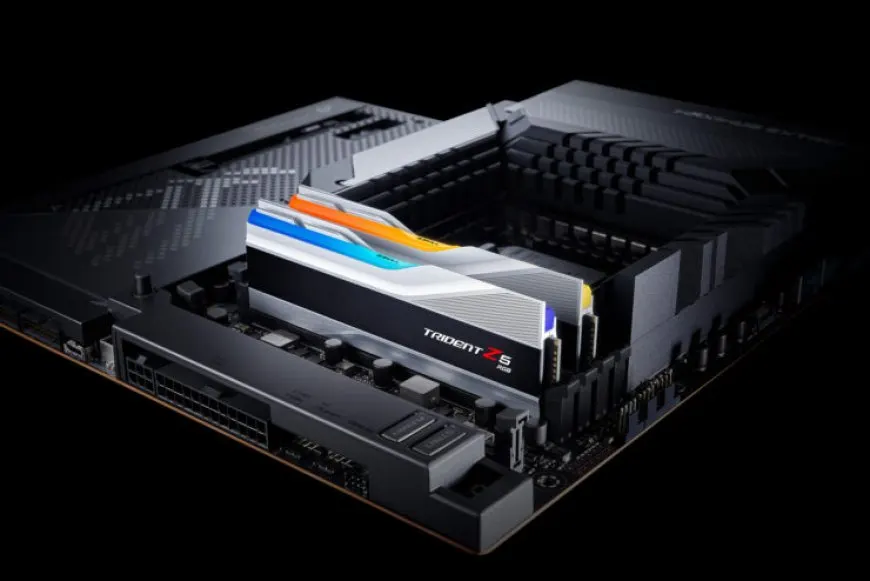A G.Skill DDR5-5600 CL28 memory kit features black aluminum heat spreaders and white branding.