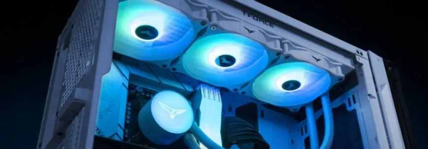 The TEAMGROUP T-Force GD360E AIO ARGB CPU liquid cooler features dual fans and RGB lighting.