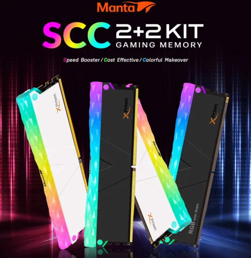 V-Color Manta XPrism RGB DDR5 gaming memory kit with 32 GB capacity and DDR5-6400 speed.