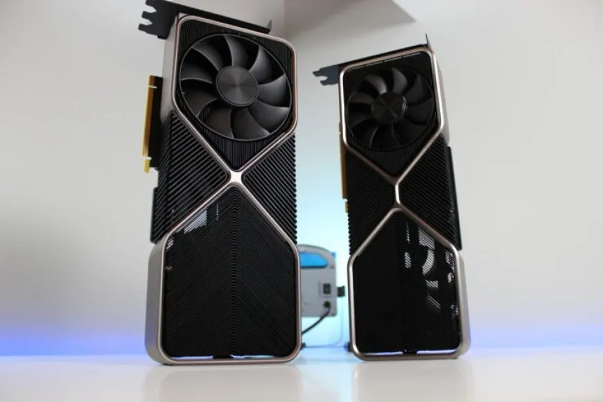 A close-up view shows an NVIDIA AD102 graphics processing unit mounted on a motherboard.