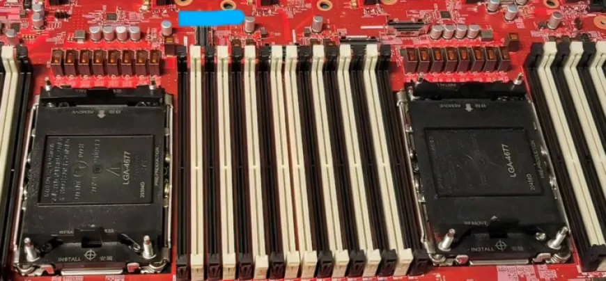 Dual-socket server motherboard with AMD SP5 and Intel LGA 4677 sockets, over 30 VRMs, and 32 DDR5 DIMM slots.
