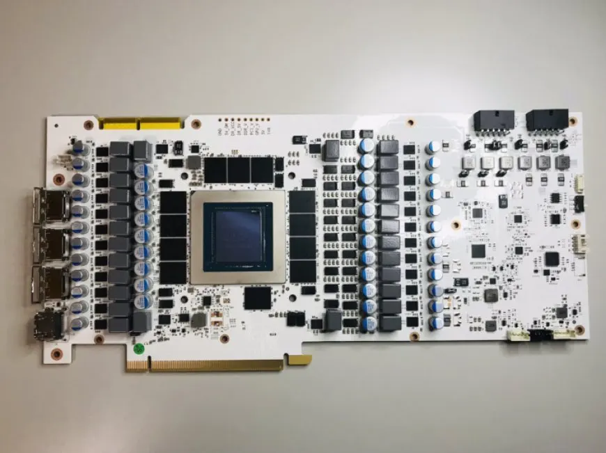 The GALAX GeForce RTX 3090 Ti HOF OC LAB Edition graphics card printed circuit board displays 28 white power phases.