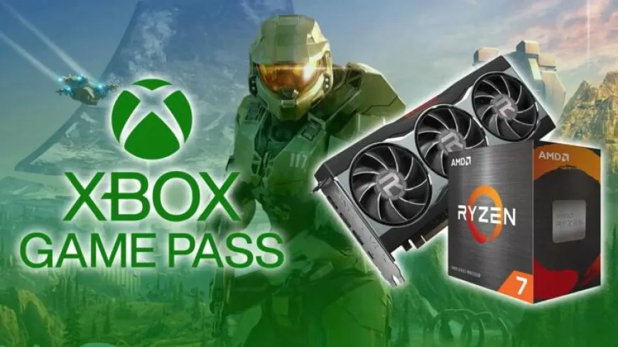 An AMD processor and graphics card are displayed alongside an Xbox PC Game Pass logo.