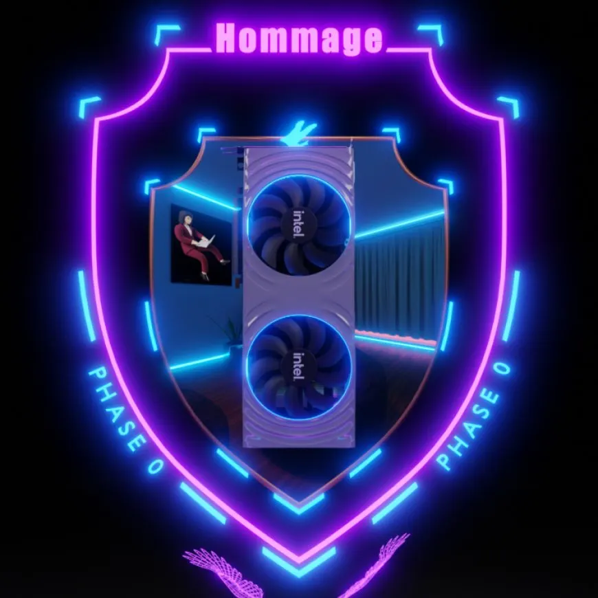Three dimensional renders of the Intel Arc Alchemist flagship graphics card featured in a digital collectible series.