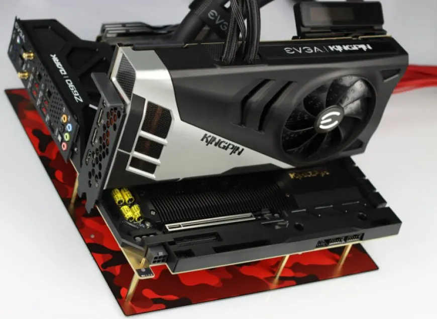EVGA GeForce RTX 3090 Ti Kingpin Hybrid graphics card featuring dual 16-pin connectors for over 1200W power.