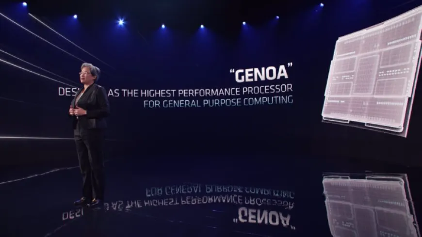 AMD EPYC Genoa processor sample features 32 Zen 4 cores, larger L2 cache, and 3.4 GHz boost.