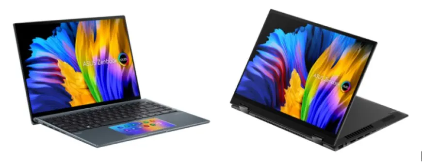 The ASUS Zenbook 14 laptop is shown with Intel and AMD processor options.