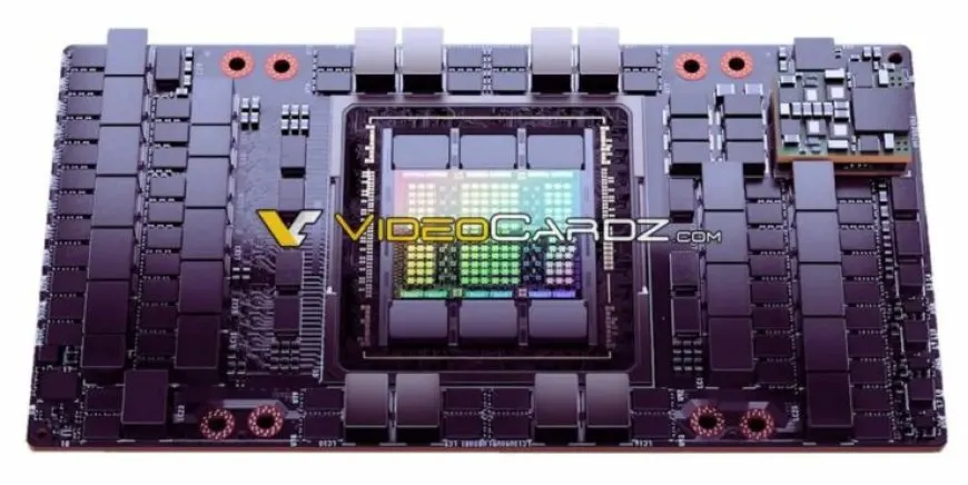The photograph shows the NVIDIA H100 Hopper GPU die, which features a monolithic layout and TSMC 5nm process details.