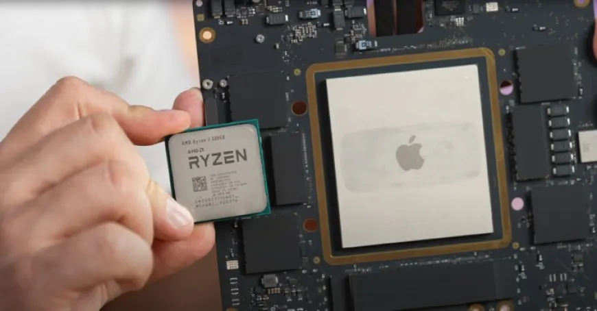 Physical die size comparison between the Apple M1 Ultra chip and AMD Ryzen processors.