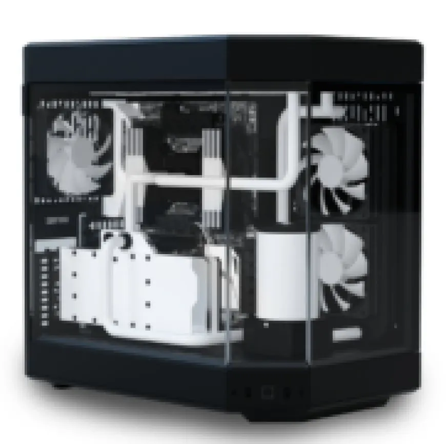 The computer case features a tempered glass side panel and a front mesh ventilation grille.