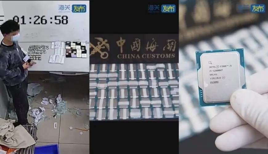 A suspect displays 160 Intel processors attached to his torso during a customs arrest.