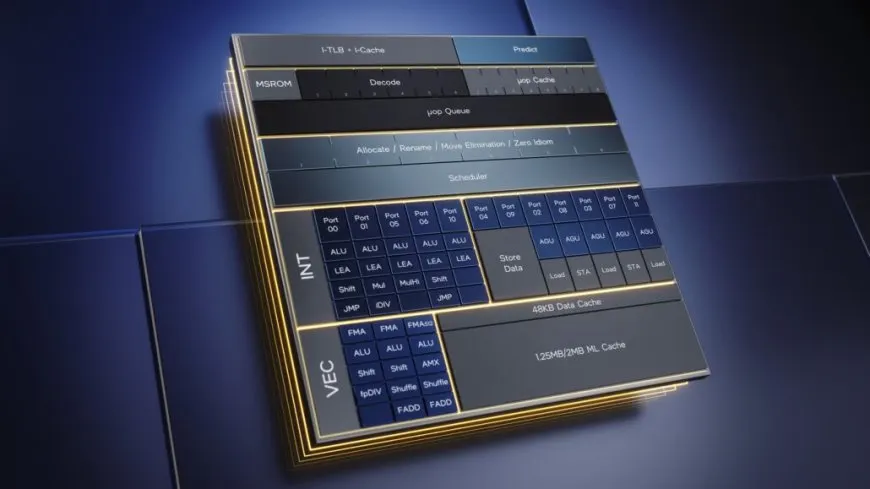 An Intel Raptor Lake desktop processor chip rests on a blue circuit board.