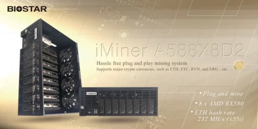 The BIOSTAR iMiner A588X8D2 pre-built system houses eight Radeon RX 580 graphics cards for cryptocurrency mining.