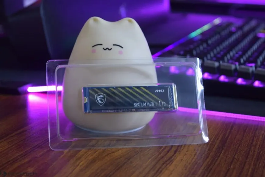 The MSI Spatium M450 1 terabyte PCIe 4.0 NVMe solid state drive is displayed with its aluminum heatsink.