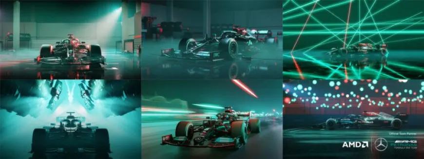 This rendering shows the Mercedes-AMG Petronas F1 W12 car created in Blender 3.0 using dual AMD Radeon PRO W6800 GPUs.
