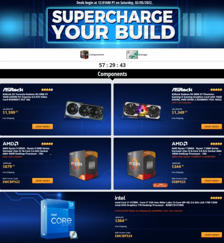 Newegg Shell Shocker deals for Intel Core i7-12700K, AMD Ryzen 7 5800X, RX 6900 XT, and RX 6800 XT.