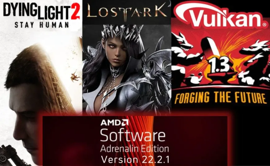 The AMD Adrenalin 22.2.1 driver interface displays Vulkan 1.3 support and updated game compatibility.