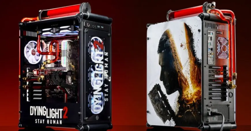 Promotional graphic featuring the Dying Light 2 game cover next to a Newegg gaming PC and Intel sweepstakes details.