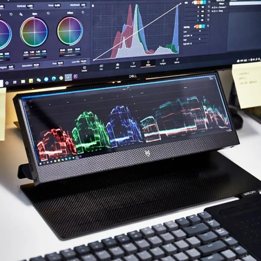 The Lukos 14 inch ultrawide 4K portable gaming display is shown connected to a laptop.