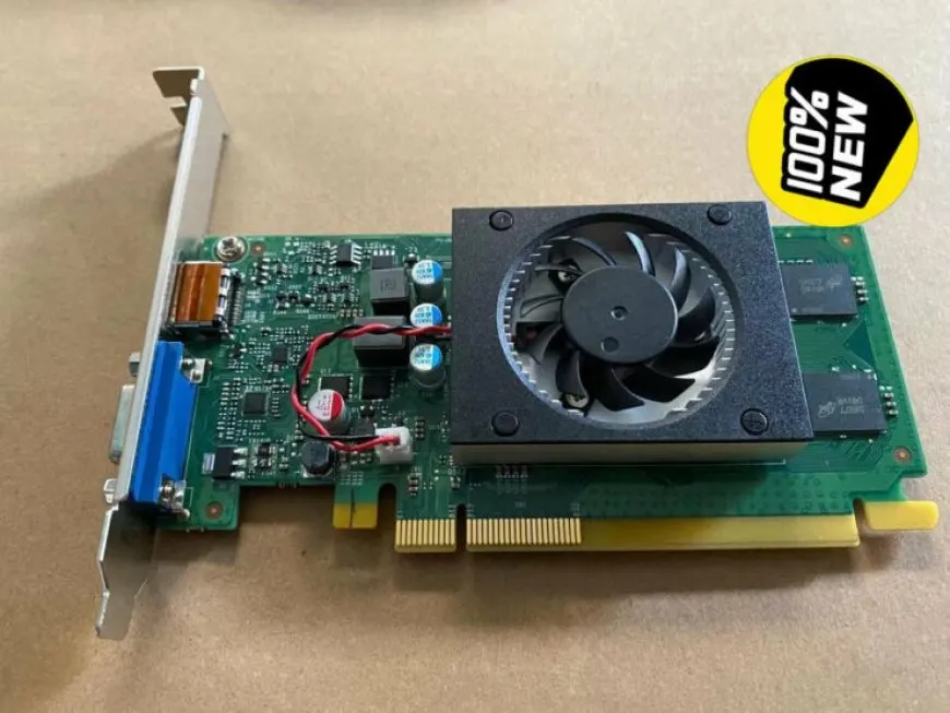 NVIDIA GeForce GT 1010 graphics card pictured with benchmark results