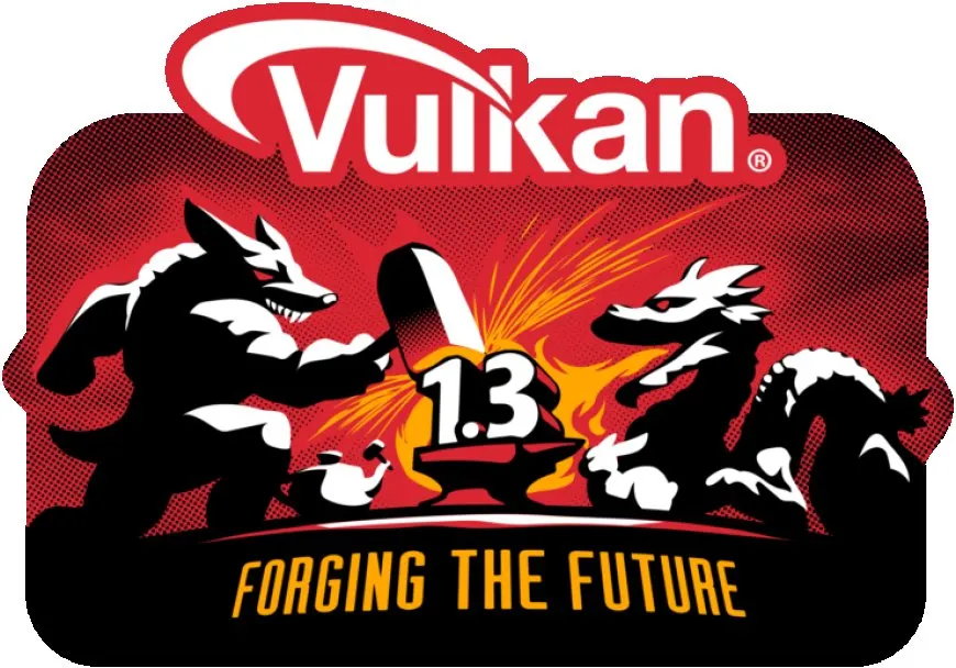 NVIDIA, AMD, and Intel logos with Vulkan 1.3 API logo and text announcing day one driver support for Windows and Linux.