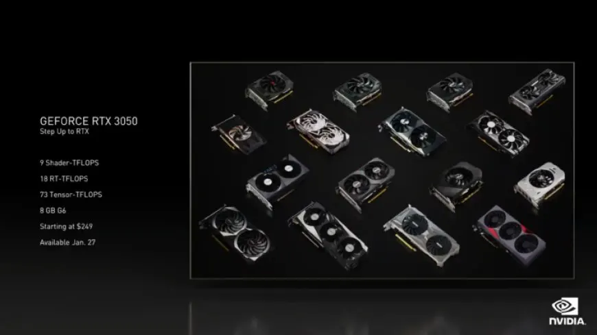NVIDIA RTX 3050 benchmark results showing crypto mining and graphics performance versus the RX 6500 XT