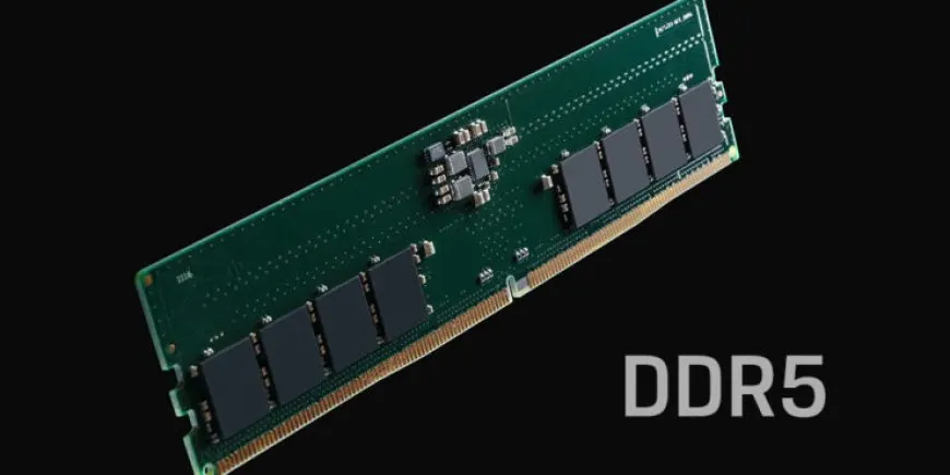Two DDR5 memory modules are installed on a motherboard during a speed benchmark comparison.