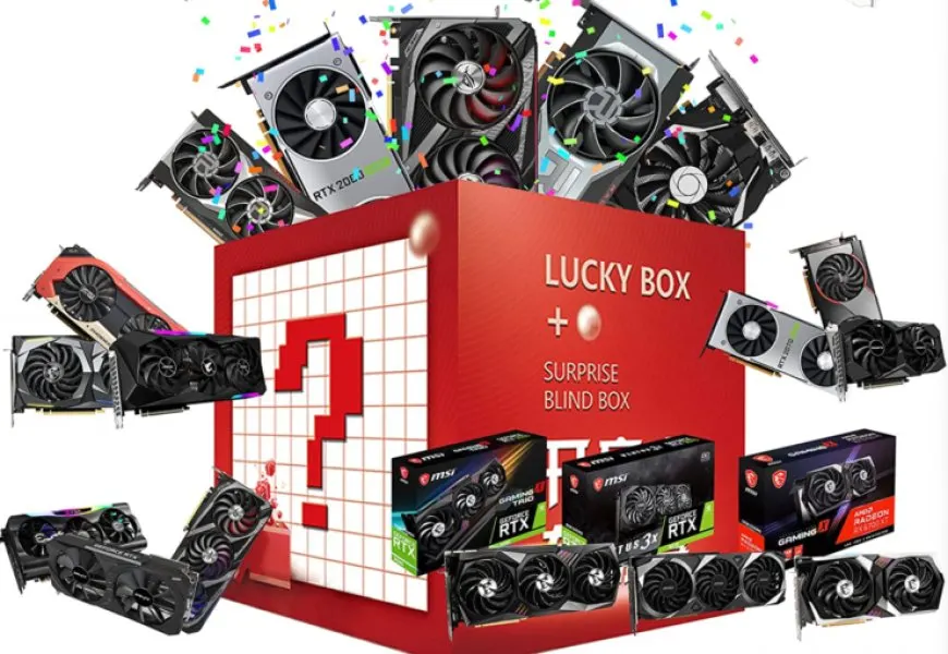 Japanese mystery boxes displayed alongside high-end graphics card packaging.