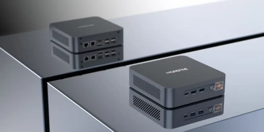 The Morefine S500+ compact desktop mini PC features a compact chassis with visible connectivity ports.
