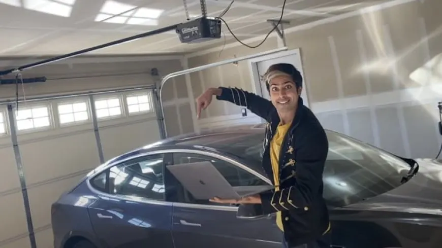 Tesla electric vehicle plugs into a charging station to power cryptocurrency mining.