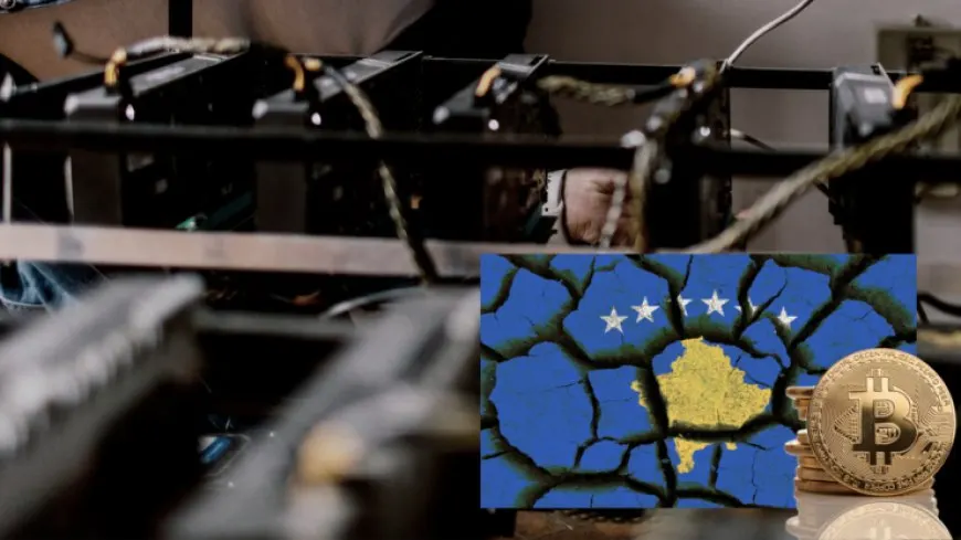 Law enforcement officials display seized cryptocurrency mining equipment following a recent operation in Kosovo.