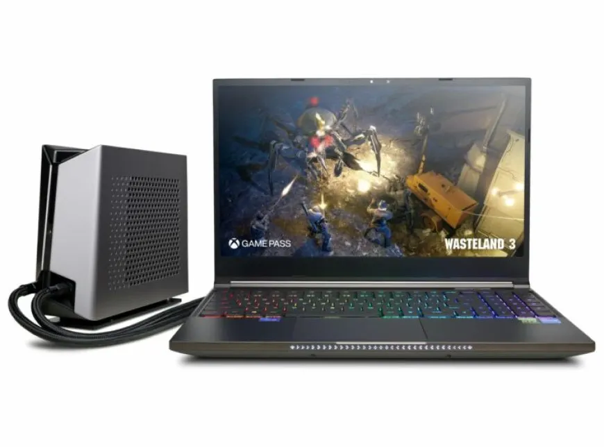 CyberPowerPC Tracer VI Edge Pro Liquid Cool laptop with external liquid cooling system