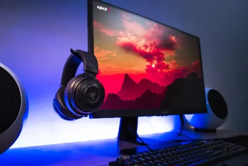 A ViewSonic ELITE 32-inch gaming monitor sits on a desk with visible control buttons.
