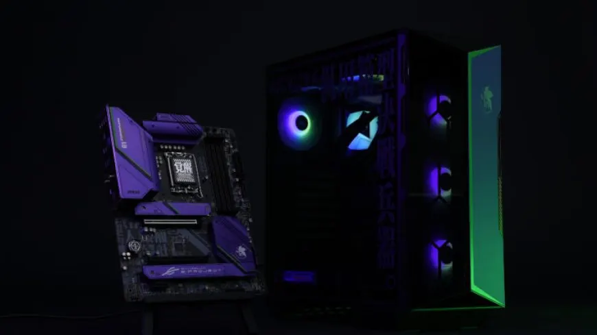 MSI Neon Genesis Evangelion PC components including cases, motherboards, power supplies, and AIO coolers.