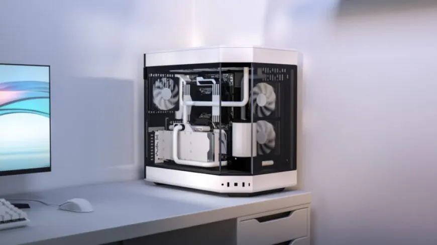 The HYTE Y60 computer case features tempered glass panels that display internal components.