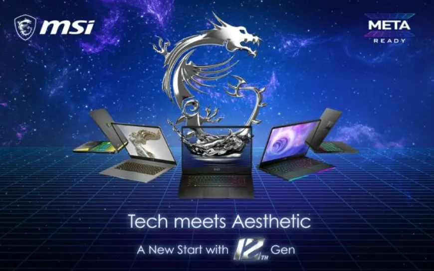 MSI gaming and creator laptops are displayed at CES 2022 with Intel Alder Lake processors and NVIDIA RTX 30 series graphics.
