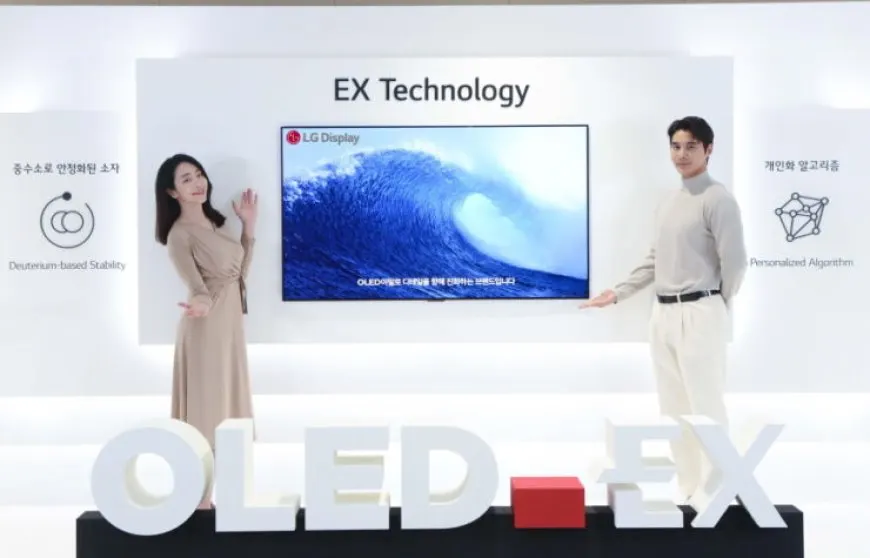 Diagram of the LG Display OLED EX panel showing the deuterium layer and custom algorithmic design