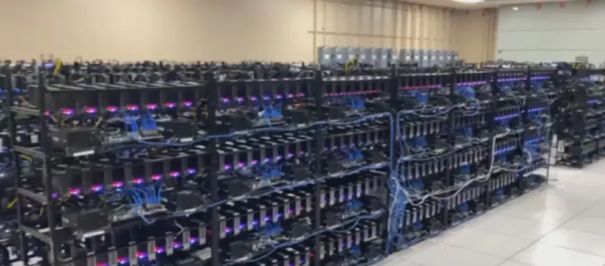 Rows of NVIDIA GeForce RTX 3070 Founder Edition graphics cards fill a cryptocurrency mining facility.