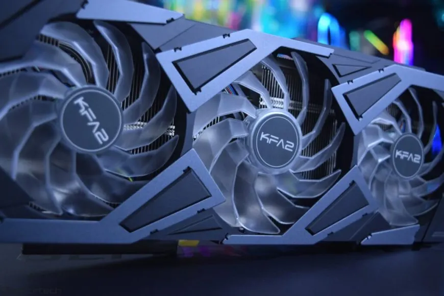 The KFA2 GeForce RTX 3080 Ti EXG 12 GB graphics card displays dual cooling fans and a black shroud.