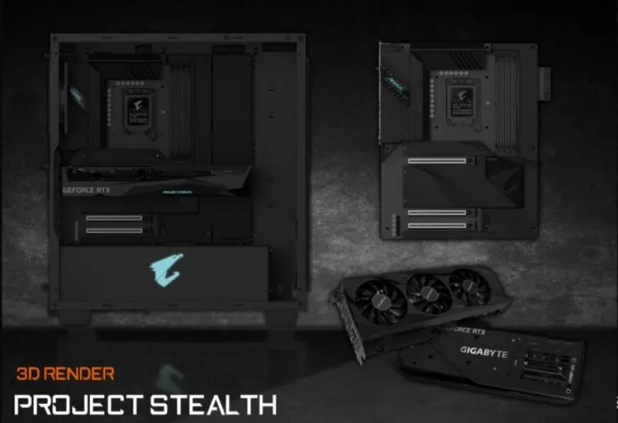 A technical schematic illustrates the Project Stealth concept design for organized PC cable management.