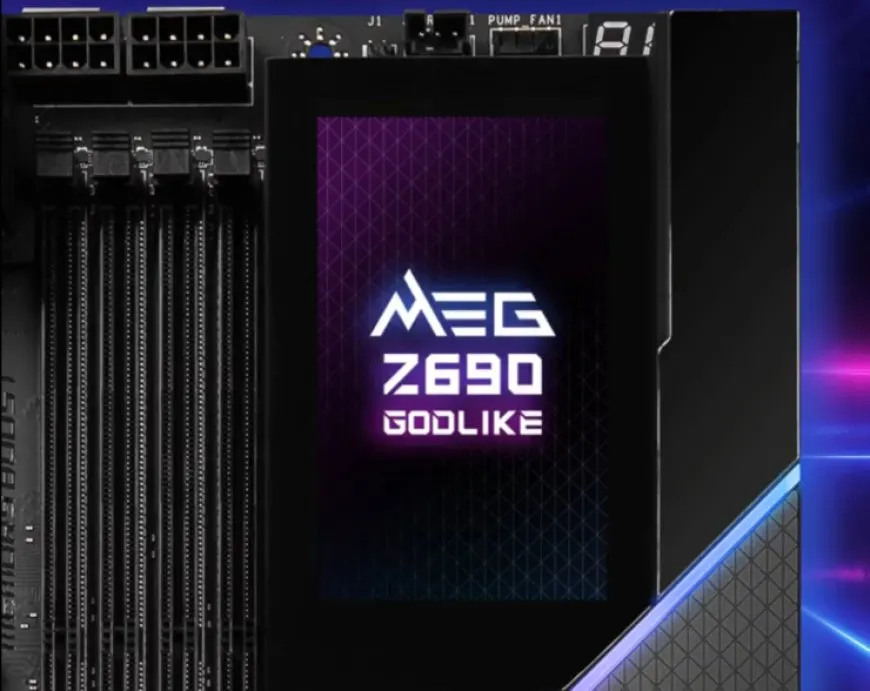 MSI MEG Z690 GODLIKE motherboard featuring a removable 3.5 inch touch panel similar in size to the original iPhone