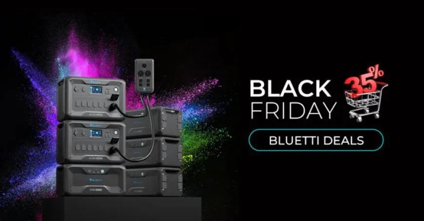 This banner shows a Bluetti Black Friday sale featuring power backup solutions and battery packs with discounts up to $500.