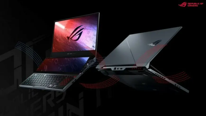 The ASUS ROG Zephyrus Duo 16 GX650 laptop features a dual-screen layout with an AMD Ryzen 9 processor.
