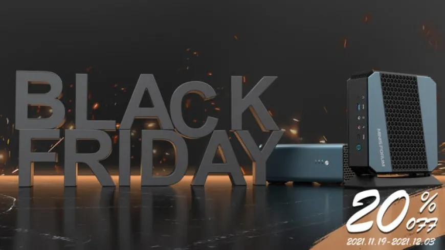 The graphic shows Minisforum Black Friday promotional materials with listed discounts and coupon codes.
