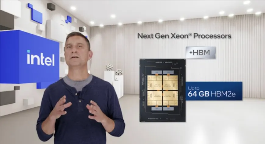 The Intel Sapphire Rapids processor die shows integrated HBM2e memory modules and the core architecture layout.