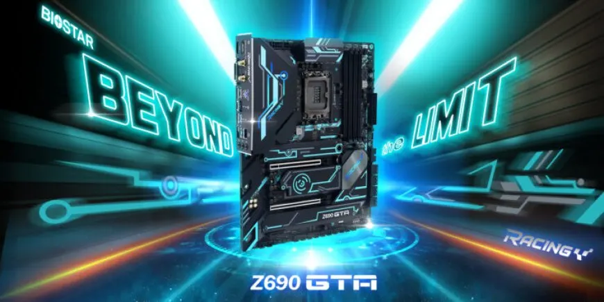 The Biostar Racing Z690GTA motherboard features a Tron-inspired design with extensive silver heatsink coverage.
