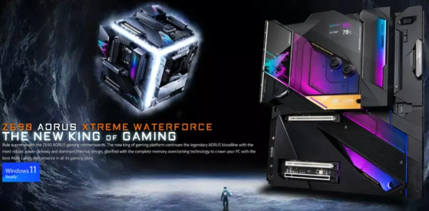 The photograph displays the AORUS Z690 Xtreme WaterForce motherboard with its built-in liquid cooling system.