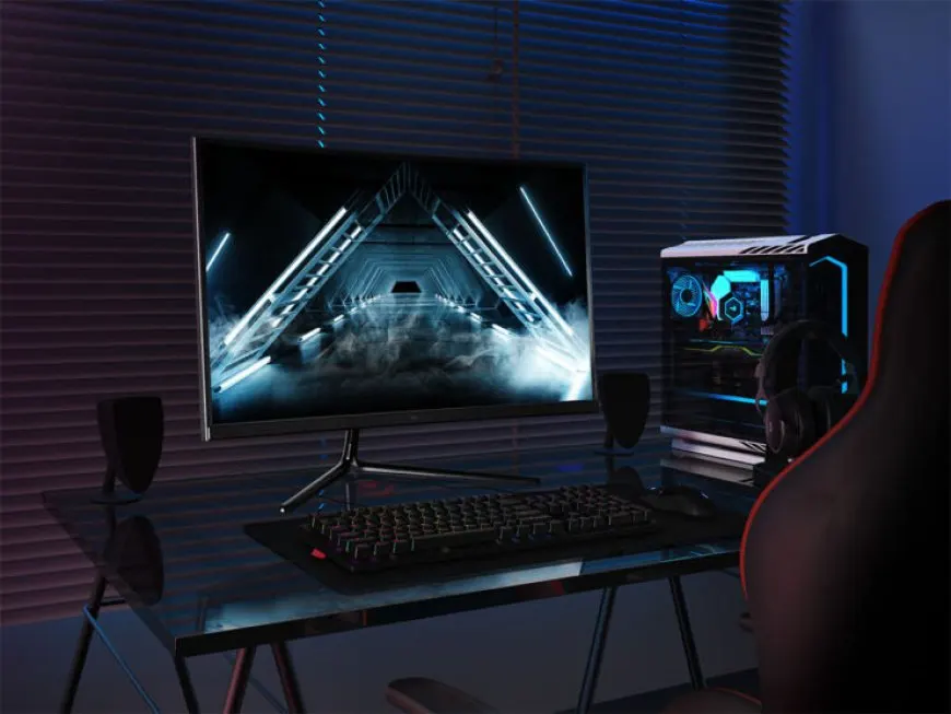 The Monoprice 32-inch ZERO-G curved gaming monitor is displayed on a desk.